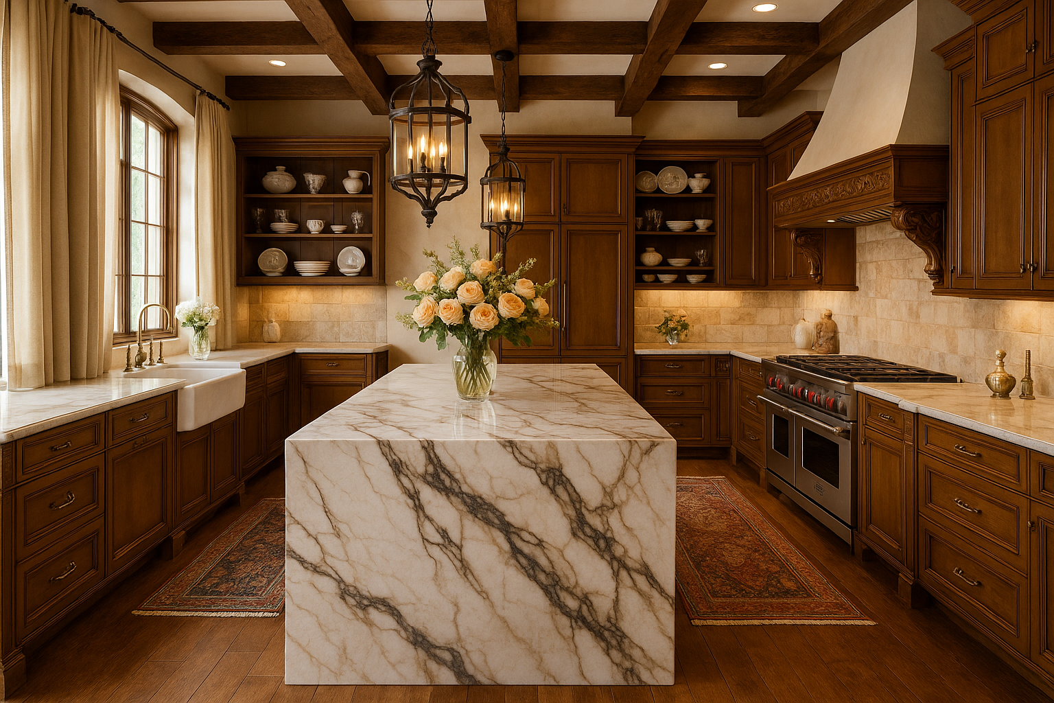 a modern old world style kitchen that's super luxury - a wealthy woman would want it to be her kitchen