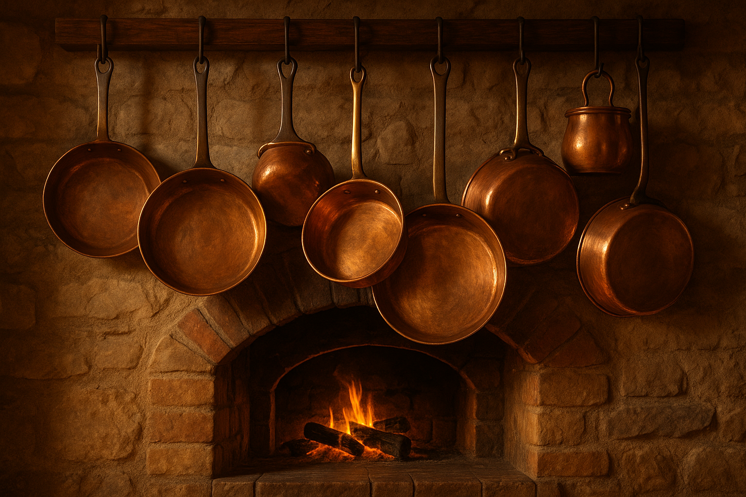 Copper pots and pans above a French or Italian oven